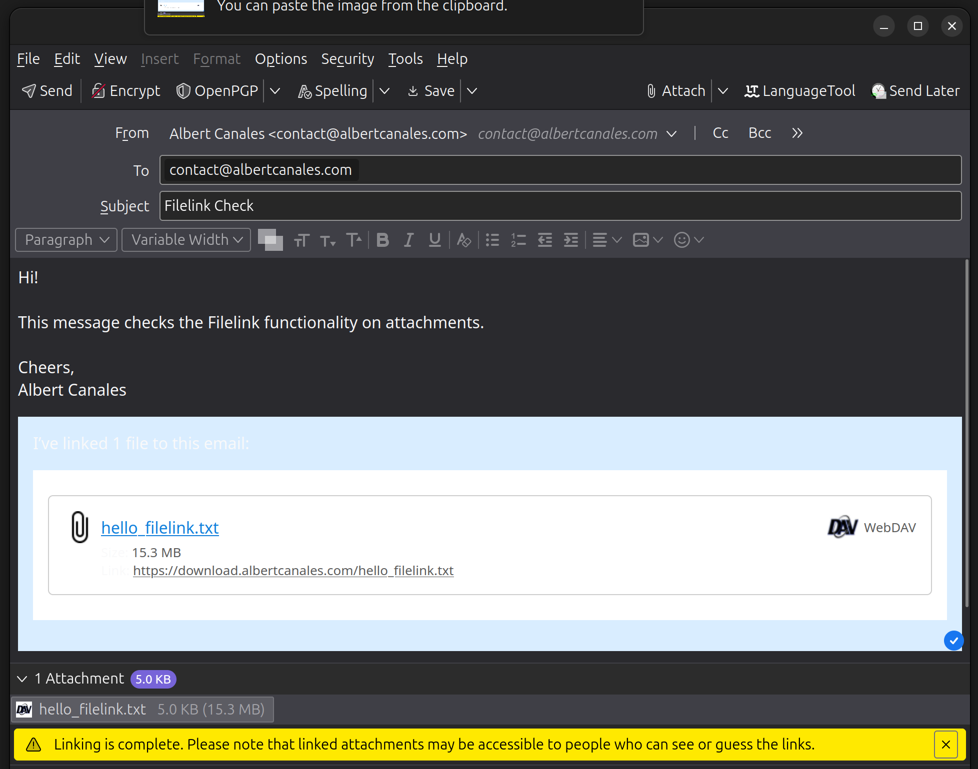 Thunderbird message after using Filelink