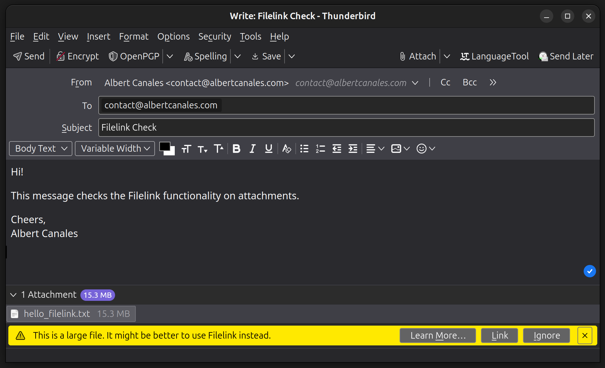 Thunderbird message before using Filelink